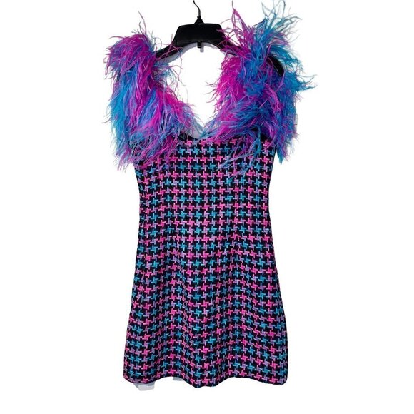 AREA Feather Strap Mini Dress in Fuchsia & Aqua 2 New womens Tweed Cocktail - Picture 8 of 17